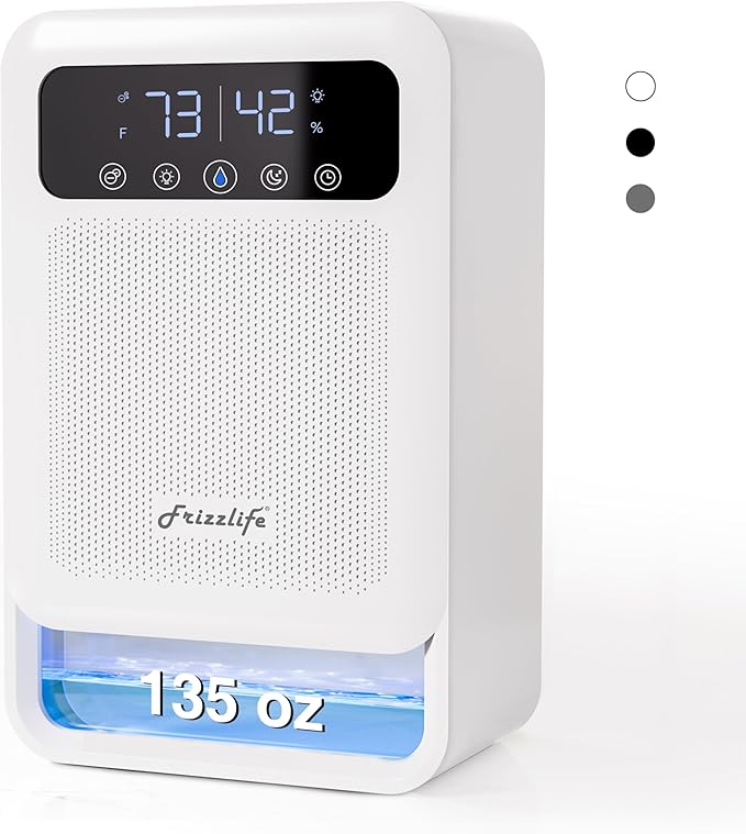 Frizzlife DH80 Air Dehumidifier, 135oz Water Tank W/Purifying Function, Quiet Small Dehumidifiers With Sleep Mode For Home, Bedroom, Bathroom, Basement W/Auto Shut Off, 7 Colors LED Light, White by FRIZZLIFE