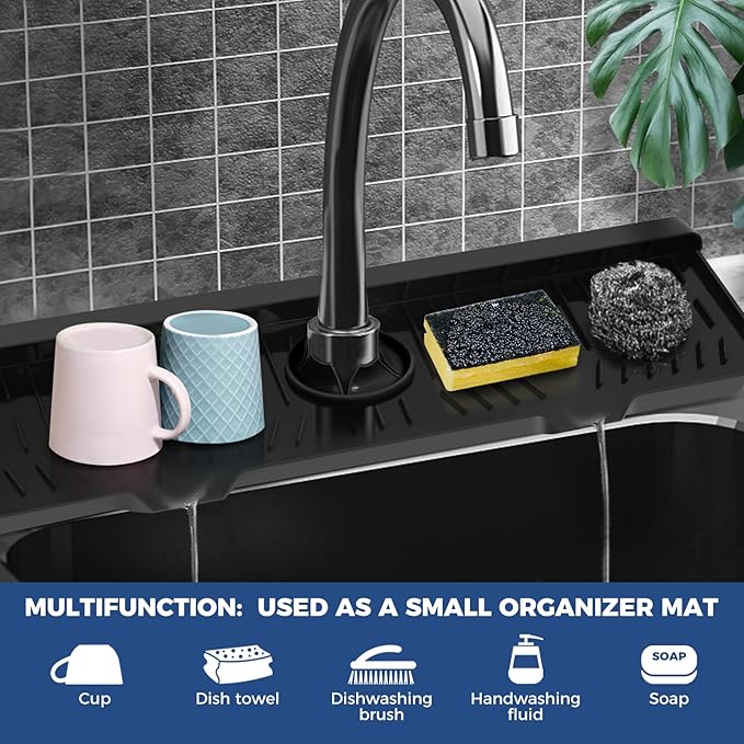 24" Splash Guard Plus Size Silicone Sink Faucet Drying Mat Handle Drip Catcher Tray Dish Sponge Holder Kitchen Accessories Protector Home Organization Gadgets Organizer - Image 9