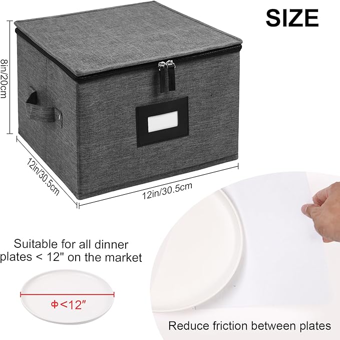 Mayniu China Storage Containers Hard Shell, 12" Plate Storage Containers for Dishes, Stackable Dinnerware Storage with 24 Felt Dividers (2 Pack Black) - Image 4