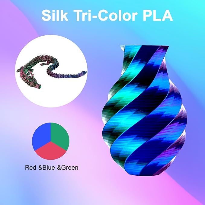 ERYONE Silk Tri Color PLA Filament 3D Printer 1.75mm +/- 0.03mm, Multicolor Filament Tricolor PLA Bundle 2KG Cardboard Spool, Red Blue Green - Image 2