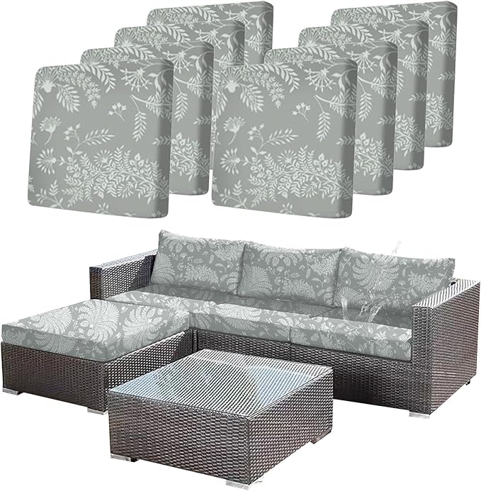 Ourdoor Cushion Covers Waterproof Set of 8 Floral Printed Stretch Patio Chair Cushino Covers for Patio Furniture Replacement,Washable Couch Covers for Furniture(Grey) by CALBODE