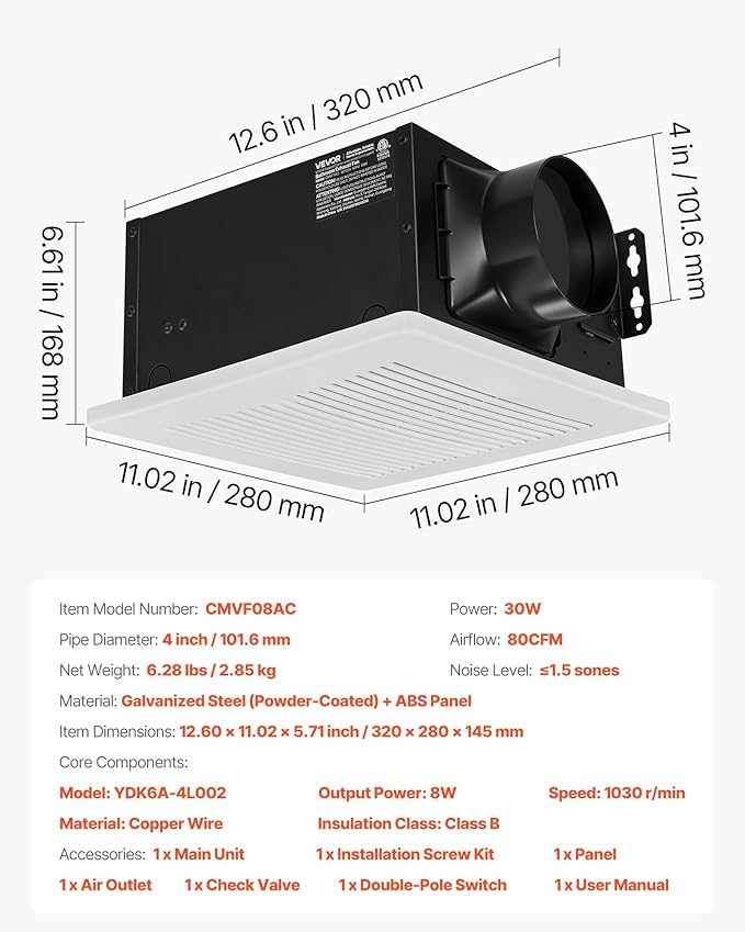 VEVOR Bathroom Exhaust Fan, 80 CFM Bathroom Vent, Low-Noise, Premium Motor Ceiling Fan, Standard 4-inch Duct Interface for Laundry Room, Storage Room, Home Ventilation, White - Image 7