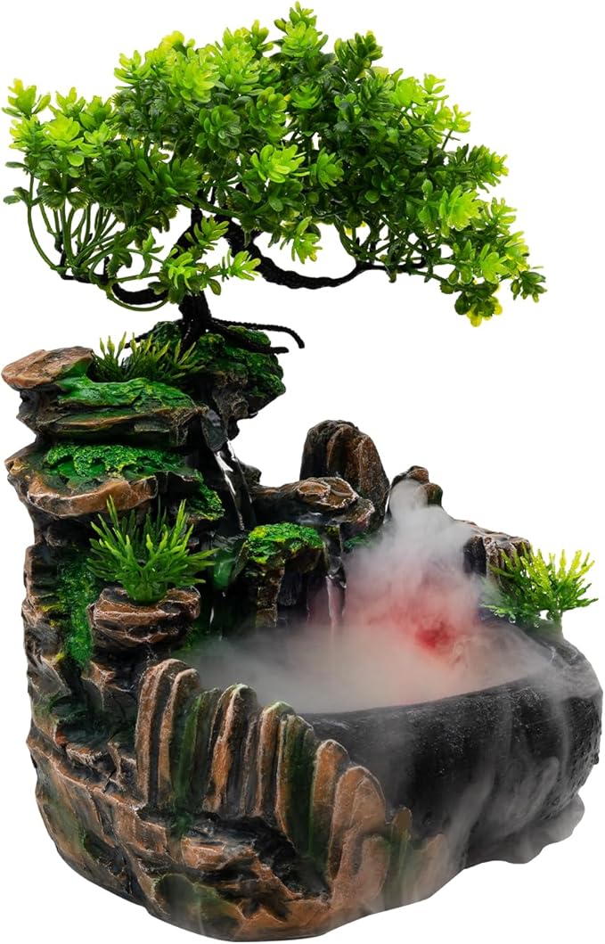 Tabletop Water Fountain with LED Lights – Resin Desktop Fountain for Home Office – Mist Humidifier, Relaxing Sound, Color-Changing – Decorative Indoor Garden Feature by Unknown