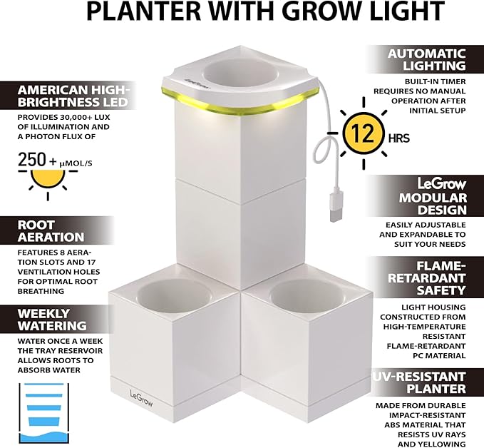LeGrow Indoor Planter with LED Grow Light, Automatic 12 Hours Timer, 7 Days Watering-Free, 2 Self Watering Pots for Small Plants, Home Decor & Office Desktop, White - Image 4