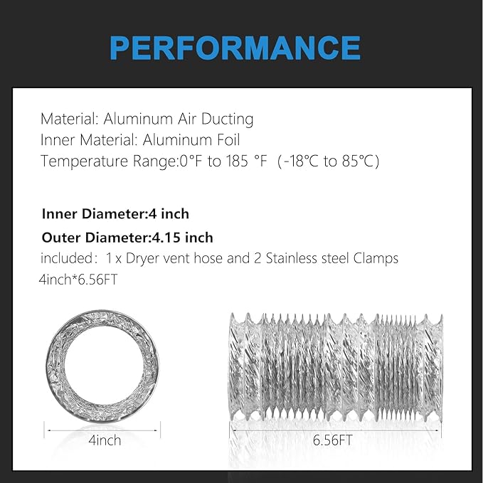 4 Inch Duct 6.56 Feet, Hon&Guan Flexible Dryer Vent Hose For Tight Space Dryer Exhaust Hose Aluminum Duct For Heating and Cooling Ventilation-with 2 Clamps. - Image 2