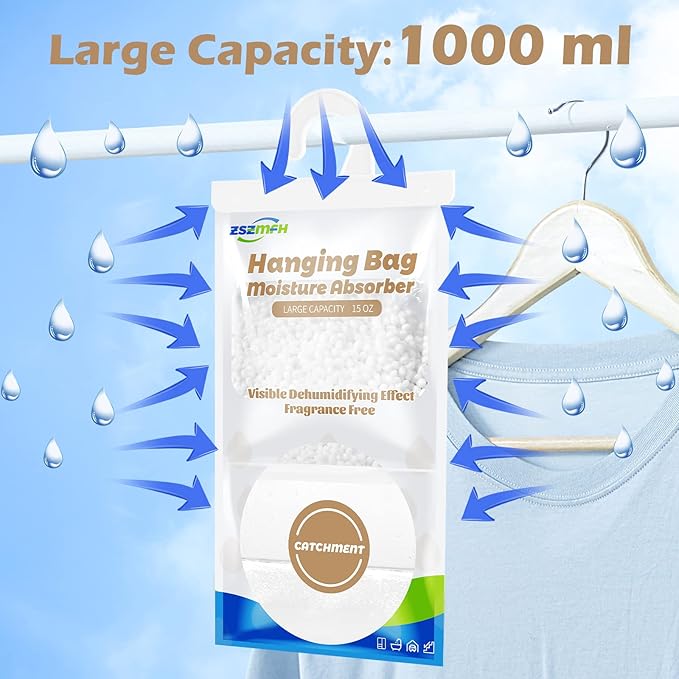 ZSZMFH 10 Pack Moisture Absorber Hanging Bags, Fragrance Free Humidity Packs, 15 OZ Dehumidifier Bags Effectively Trap Extra Moisture,Hanging Closet Dehumidifier Bags-425g/pack - Image 8