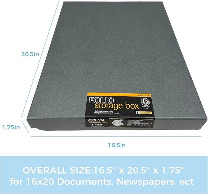 Lineco Folio Storage Box, Clamshell Design with Metal Edge. 16.5x20.5x1.75 Inches, Archival Boxboard, Preserve Photos, Cards, Magazines, Documents, Art, Ephemera, Family Records, Gray, Pack of 1 - Image 2