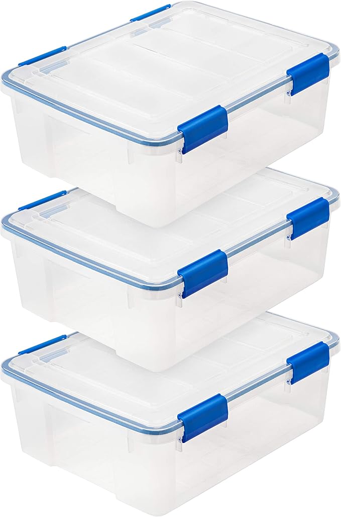 IRIS USA 26.5 Quart WEATHERPRO Plastic Storage Box with Durable Lid and Seal and Secure Latching Buckles, 3 Pack, Weathertight, Keep Pest Dust and Moisture Out, for Oversized Bulky Items, Clear/Blue by IRISUSA