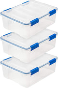 IRIS USA 26.5 Quart WEATHERPRO Plastic Storage Box with Durable Lid and Seal and Secure Latching Buckles, 3 Pack, Weathertight, Keep Pest Dust and Moisture Out, for Oversized Bulky Items, Clear/Blue by IRISUSA