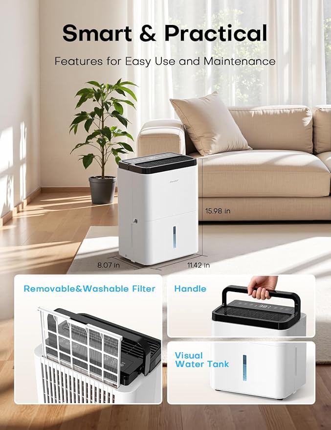 Dehumidifiers for Home Max 35 Pints, Compressor Dehumidifier with Drain Hose, Three Modes, Smart Humidity Control, 24H Timer, Dry Clothes, Auto-Defrost, for Basement, Bedroom, Bathroom, Home - Image 7
