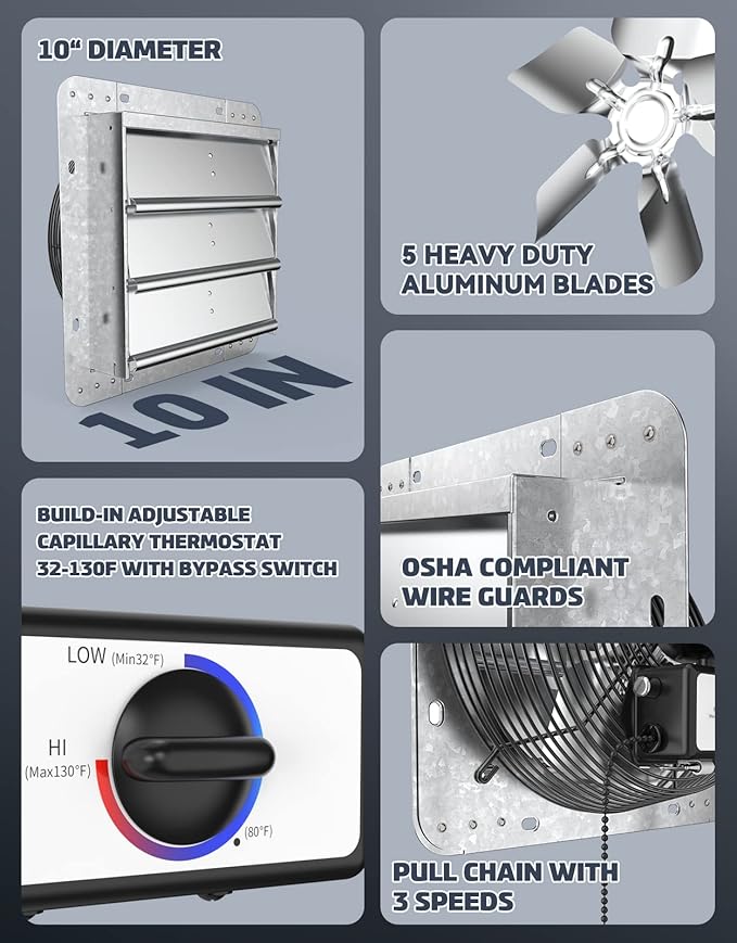 iLiving ILG8SF10V-T, 10 inch Shutter Exhaust Attic Garage Grow, Ventilation Fan with 3 Speed Thermostat 6 Foot Long 3 Plugs Cord, 10" - Variable, 600 CFM, 900 SQF Coverage Area, Silver - Image 5