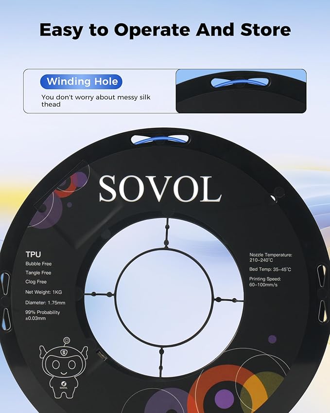 Sovol TPU Filament 1.75mm, 95A Soft TPU Flexible 3D Printer Filament with High Elasticity, 1kg (2.2lbs), Dimensional Accuracy +/- 0.03 mm, Fit Most FDM Printer, Clear Blue - Image 6