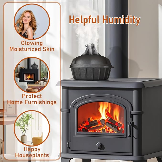 Wood Stove Steamer & Woodstove Steamer Stove Humidifier Cast Iron,2.4 Qt Round Fireplace Humidifier & Simmer Pots with Heart-shaped Vent At The Top Covers (Round-2) - Image 7