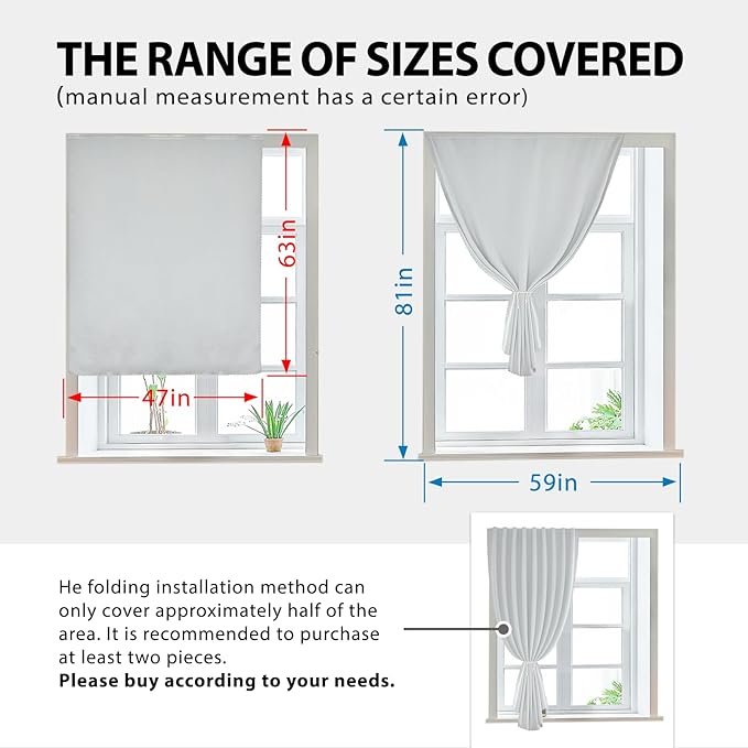 Magic Tape Stick on Portable Curtains for Windows,Bedroom Blackout Curtains for - Thermal Lnsulated No Drill Curtains Room Darkening Black Small Drapes(1 Panels,47Wx63L inch-White) - Image 3