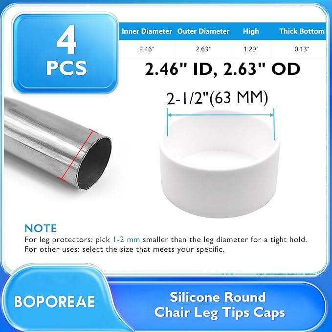 4 Pcs 2-1/2" (63 mm) Round Chair Leg Tips Caps, Silicone Rubber Furniture Leg Floor Protectors, Reduce Noise Folding Metal Chair Leg Cap Replacement for Bar Stool Leg Patio Indoor, White - Image 9