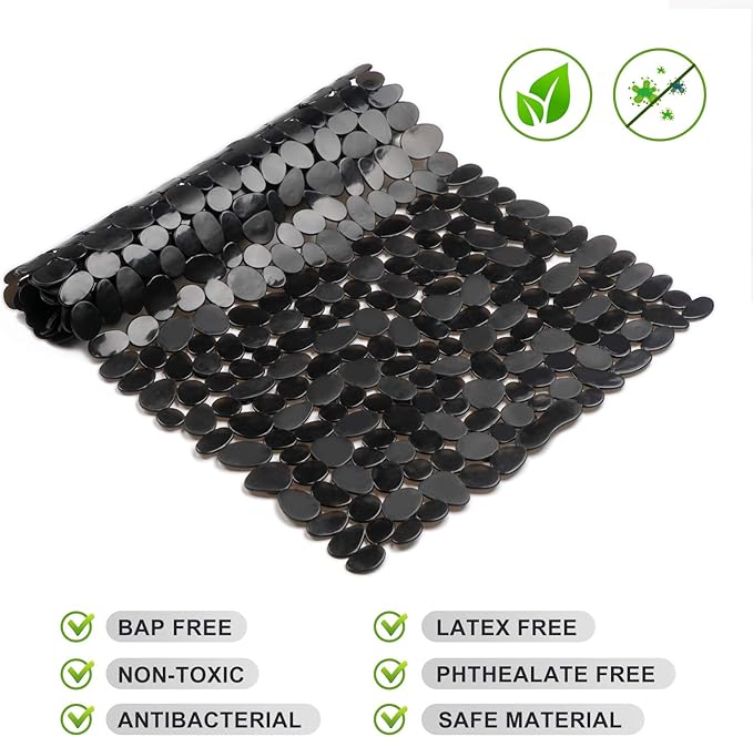 WELTRXE Non Slip Bathtub Mat 35 x 16 Inches Pebbles Shower Mats with Suction Cups, Drain Holes for Bathroom Showers, Tub, Machine Washable Bathroom Mats BPA, Latex Free Safe Tub Mats - Black - Image 4