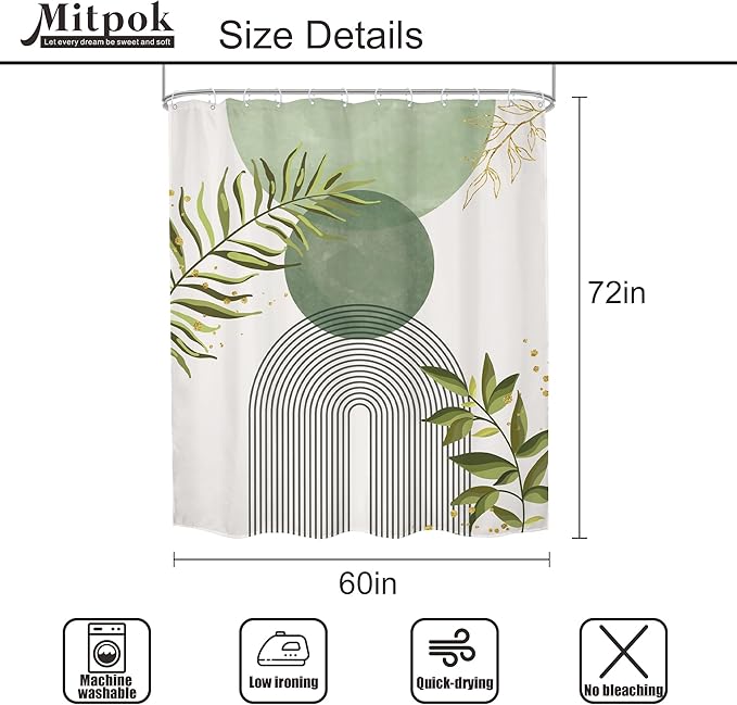 Sage Green Boho Shower Curtain 60Wx72H Modern Bohemian Abstract Leaves Olive Dark Green Mid Century Plant Bathroom Decor Minimalist Geometric Arch Bath Curtain Fabric Polyester 12 Pack Hooks - Image 5