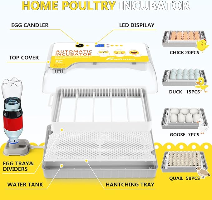 Sailnovo Egg Incubator, 20-60 Eggs Fully Automatic Poultry Hatcher Machine with Humidity Display, Candler, Temperature Control & Turner, for Hatching Chickens Quail Duck Goose Turkey Bright Yellow - Image 7