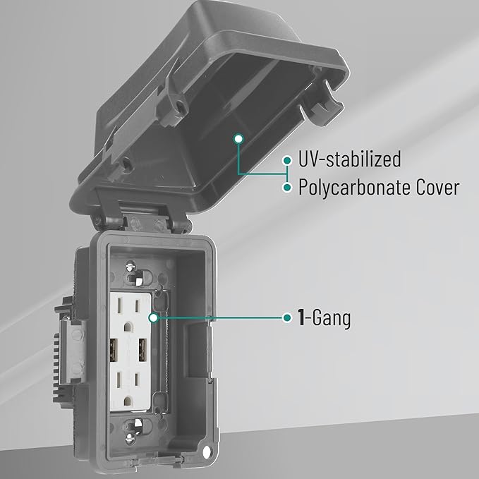 Bates- Weatherproof Electrical Outlet Cover, 1-Gang, Gray Outdoor Outlet Cover Weatherproof Outlet Cover Box, Outdoor Plug Cover - Image 3