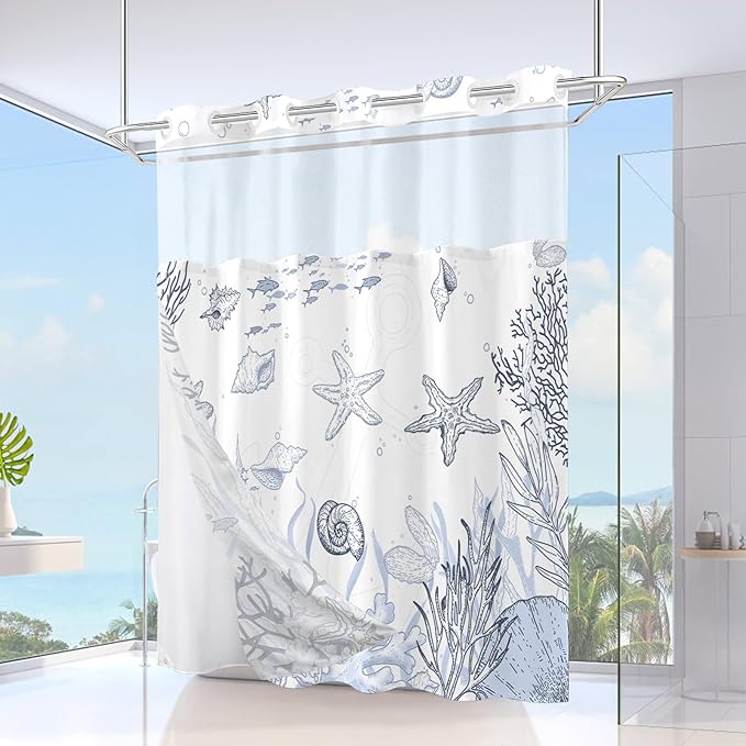 No Hook Shower Curtain with Snap in Liner, Beach Ocean Nautical Coastal Shower Curtains and Liner Set for Bathroom, Seashell Hotel Fabric Bath Curtain, Waterproof Washable, Grey 71" x 74" - Image 2