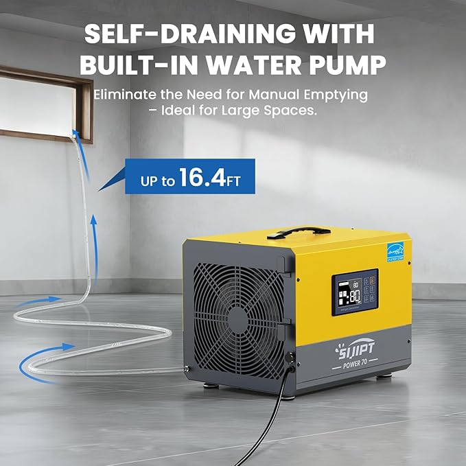 70 Pint Crawl Space Dehumidifier with Energy Star & Pump & Drain Hose for Basement, Commercial, Whole House, Industrial, Water Damage Restoration, Spaces Up to 2000 Sq Ft, Auto Defrost,Memory Restart - Image 4
