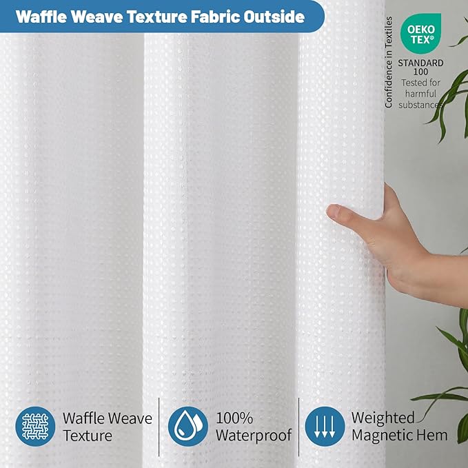2-in-1 Waterproof Fabric Shower Curtain - No Separate Liner Needed, Hotel-Style Waffle Weave, Effortless Cleaning & Washable Bathroom Shower Curtain Set,72Wx78H,White - Image 8