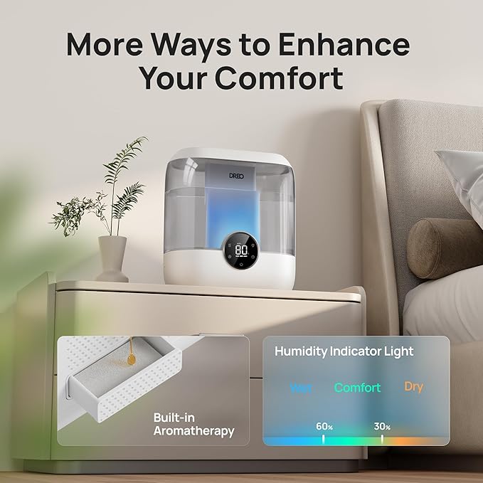 DREO 6L Top Fill Humidifiers for Bedroom, 60H Runtime 28 dB Quiet Supersized Cool Mist Air Humidifiers for Large Room, Baby Nursery, Plant, Indoor, Night Light, Easy to Clean, Precise Humidity Control - Image 5