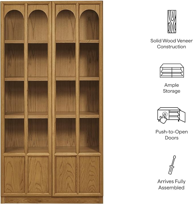 Modway Anwen 79" Wood Display Cabinet with Glass Doors in Oak – Modern China Cabinet with Arched Door Detail – Large Curio Cabinet for Collectibles - Image 4