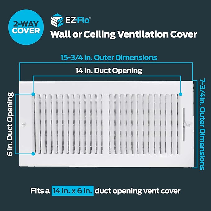 EZ-FLO 14 x 6 Inch (Duct Opening) Air Vent Cover for Wall or Ceiling, Two-Way Ventilation Register, Solid Steel HVAC Register Cover, White, 61613 - Image 2