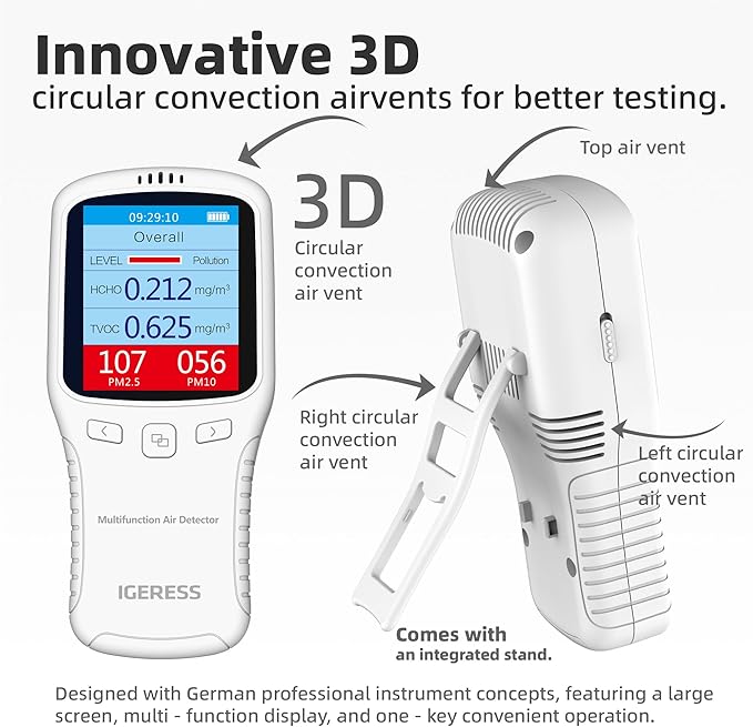 Air Quality Monitor Indoor, 8 in 1 Formaldehyde Detector, voc Meter, Detect Indoor HCHO,TVOC,AQI,PM2.5,PM10,PM1.0,Temperature and Humidity Tester. Colorful LCD Screen & USB Charging (White) - Image 3