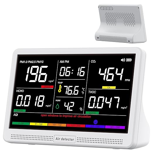 bonoch 16 in 1 Air Quality Monitor Indoor 7" Display 9 AQI+7 AQI Alerts, CO2 Monitor Air Quality Tester for CO2, TVOC, PM2.5 PM1.0 PM10, HCHO Temperature Humidity AQI & Time Air Quality Meter for Home by bonoch