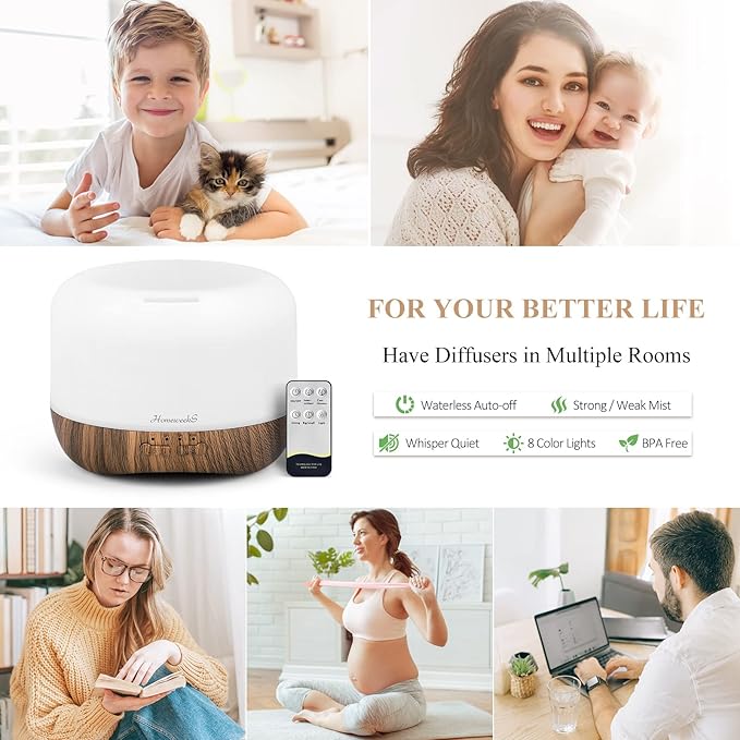 Aromatherapy Essential Oil Diffuser for Room: 500ml Colorful Aroma Air Humidifier with Adjustable Cool Mist Mode, Waterless Auto Off Ultrasonic Diffusers for Large Room Home Office(Brown) - Image 2