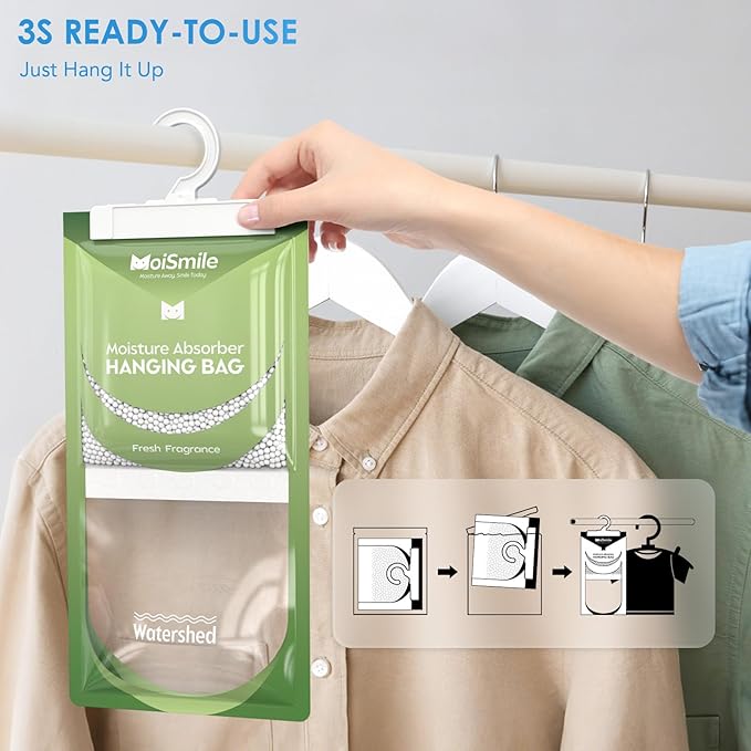 Moisture Absorbers 10 Pack Fresh Fragrance, Hanging Closet Dehumidifier Bags, Humidity Absorber, Compact Eliminates Odors Humidity Packs for Car, Bathroom, Bedroom, Basement, 9.8OZ - Image 7
