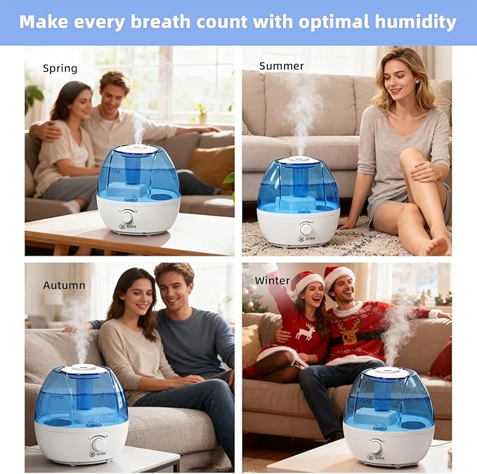 KVM Ultrasonic Cool Mist Humidifier, Quiet Air Humidifiers for Bedroom, Nursery, Office, & Indoor Plants, 360 Rotation Nozzle & 2L Water Tank & Night Light - Image 7