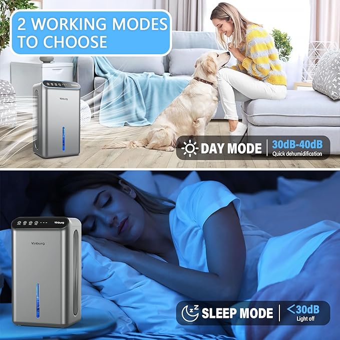 Dehumidifier for Basement (85 OZ, 800 sq ft) Quiet Dehumidifiers for Home, Auto Shut-Off, Sleep Mode, 3 Gear Timer(8H,16H,24H), Small Dehumidifier for Bedroom, Bathroom with Drain Hose(Gray Black) - Image 4