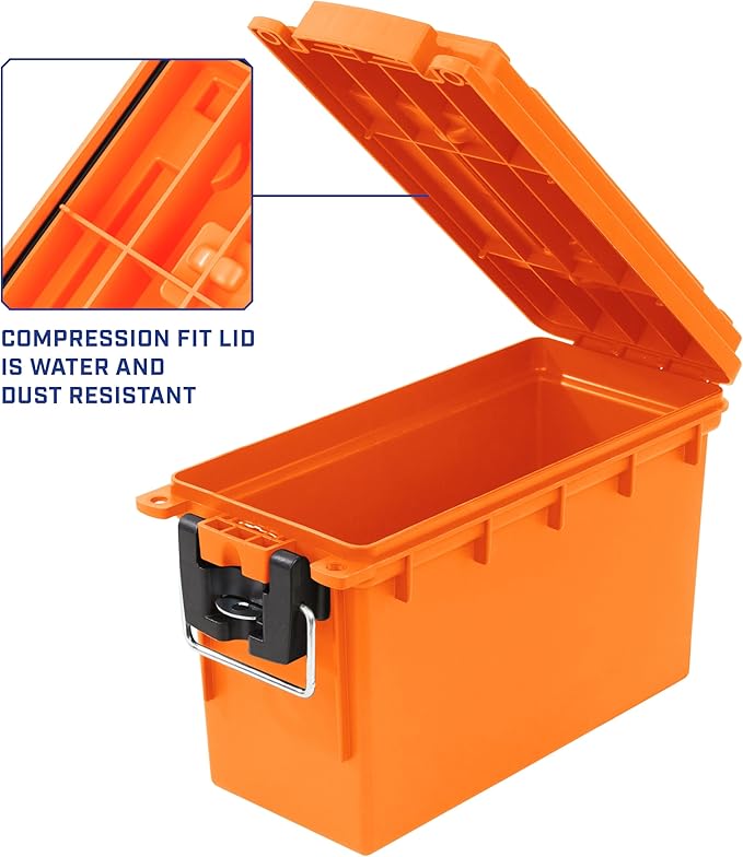 Sheffield 12630 Ammo Storage Box, Stackable .30 Cal Field Boxes, Water and Dust Resistant, Lockable Storage Box with Handle, Secures Hunting Gear, Supplies, and Bullets, Made in USA, Orange, 1-Pack - Image 4