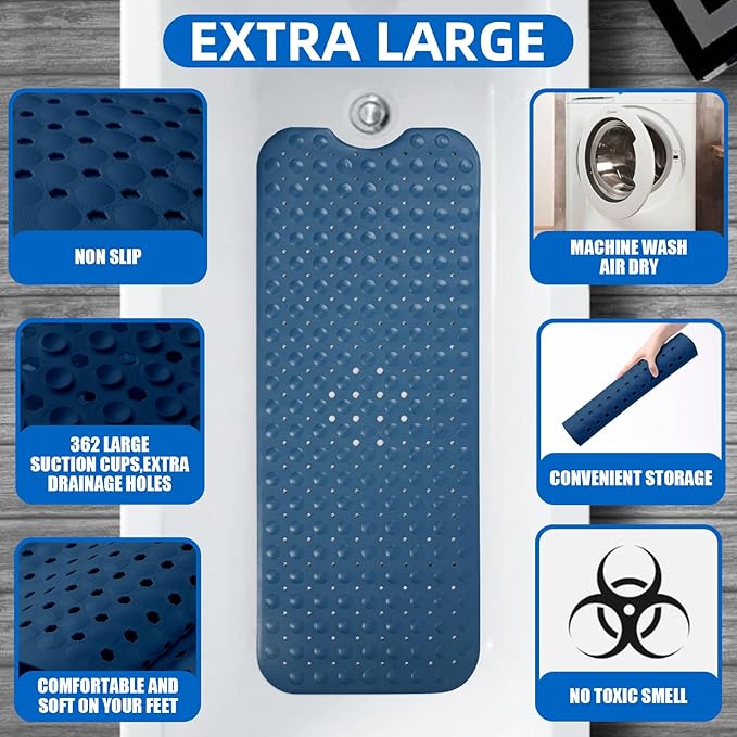 ZHICHENG Bath Tub and Shower Mats, Non-Slip 39 x 16 Inch Extra Long Bath Mat, Machine Washable Bathtub Mat with Drain Holes, Suction Cups for Bathroom (Blue) - Image 3
