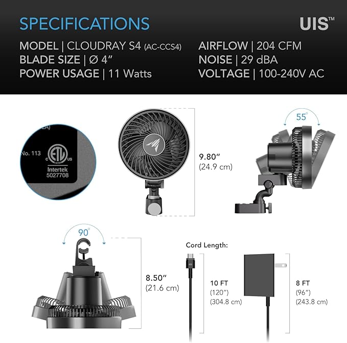 AC Infinity CLOUDRAY S4, Ultra-Compact Grow Tent Clip Fan 4”, Precision 10 Dynamic Wind Speeds, 10-Level Oscillation, Weatherproof IP-54, Specialized High-Velocity Circulation for Small Grow Spaces - Image 8