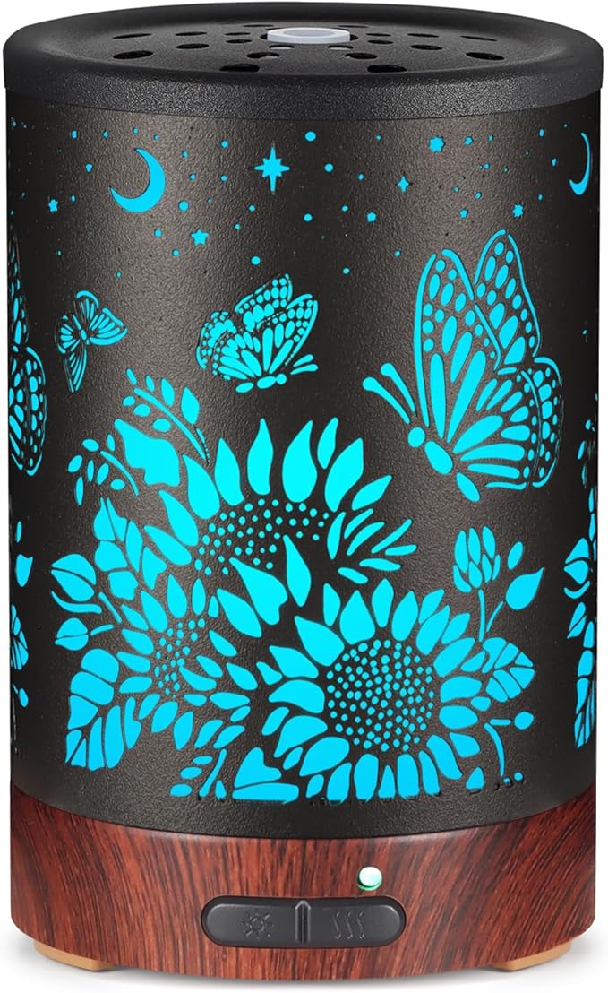 Essential Oil Diffuser- Aromatherapy Diffuser with7 Colors Light and Auto-Off for Women Metal Cool Mist Humidifier for Home and Office for Mom Women（Sunflower + Butterfly） by mocosa