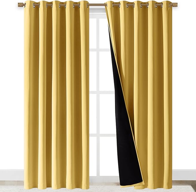 NICETOWN Total Shade Curtains and Draperies, Heavy-Duty Full Light Shading Drapes with Black Liner Backing for Villa/Hall/Dorm Window(Bright Yellow, Package of 2, 70 inches Wide x 95 inches Long) by NICETOWN