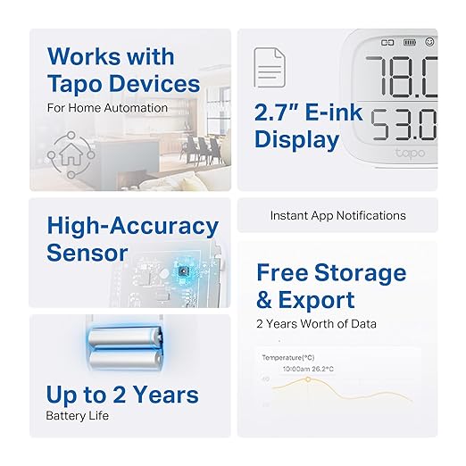 Tapo Smart Temperature and Humidity Monitor, 2.7" E-Ink Display, Swiss-Made Sensor, Real-Time Notification, Visual Graphics, Hub Required, White (T315) - Image 2