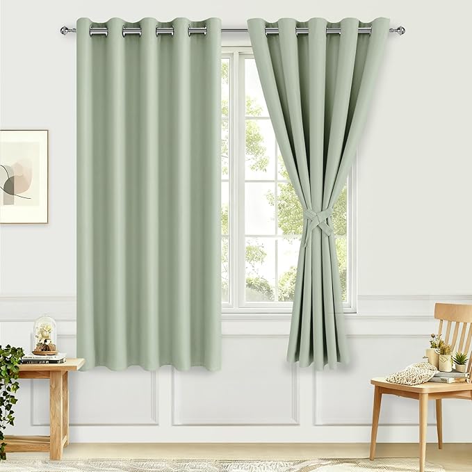 Hiasan Blackout Curtains for Bedroom, 60 x 63 Inches Length - Thermal Insulated & Light Blocking Window Curtains for Living Room/Kids Room, 2 Drape Panels Sewn with Tiebacks, Seafoam Green - Image 2