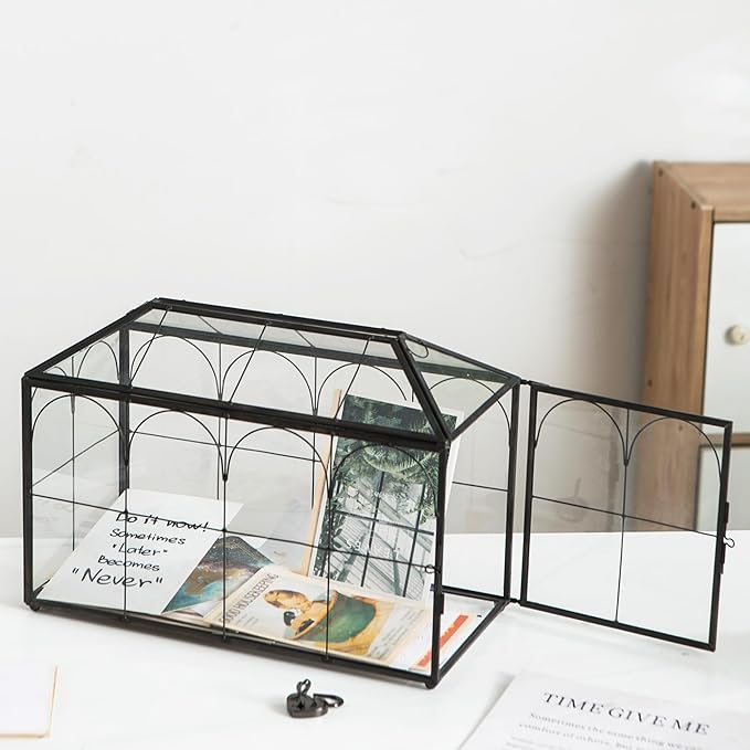 Wedding Card Box with Slot, 12.6'' Large Glass Card Boxes for Reception, Black Geometric Holder, Clear Decorative Storage Box with Lock for Baby Shower, Birthday Party, Christmas - Image 2