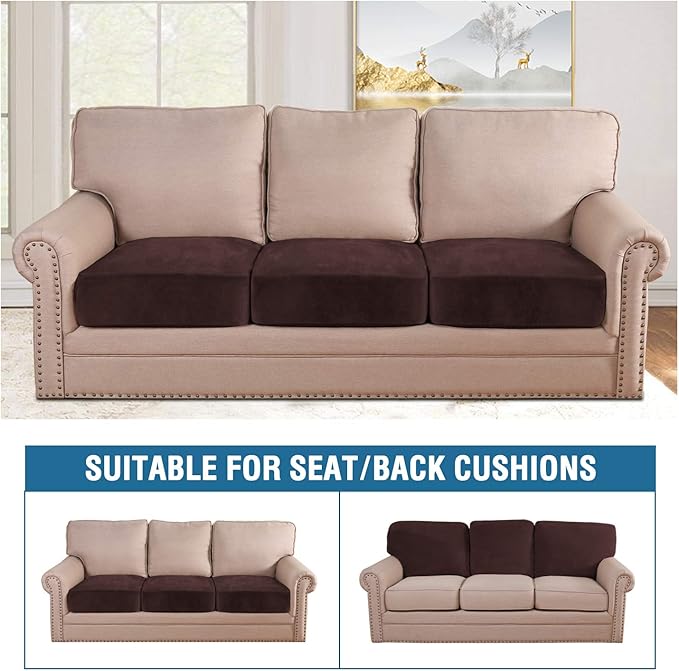H.VERSAILTEX Velvet Stretch Couch Cushion Cover Plush Cushion Slipcover for Chair Loveseat Sofa Cushion Furniture Protector Seat Cushion Sofa Cover (3 Piece XL Sofa Cushion Covers, Brown) - Image 3