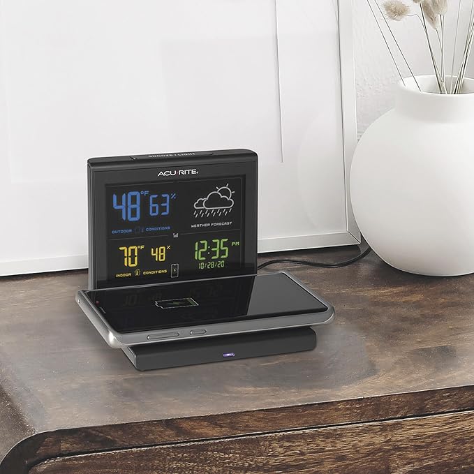 AcuRite Weather Forecaster with Wireless Charging Pad, Alarm Clock with Indoor/Outdoor Temperature and Humidity and Calendar (01193M),Black - Image 4