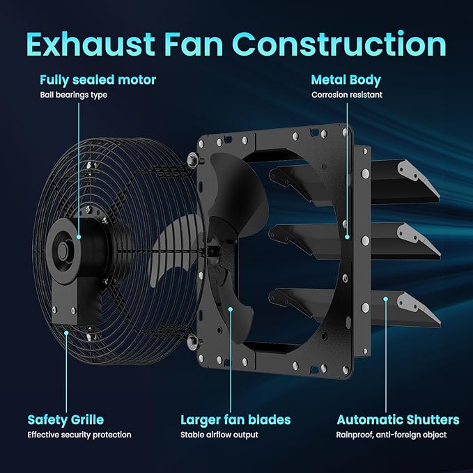 HG Power 10 Inch Shutter Exhaust Fan, 647CFM Quiet Garage Exhaust Fan with 8 Foot Long ON/OFF Switch Cable for Chicken Coop, Shed, Basement, Gable, Kitchen, Attic Ventilation Use, Black - Image 6