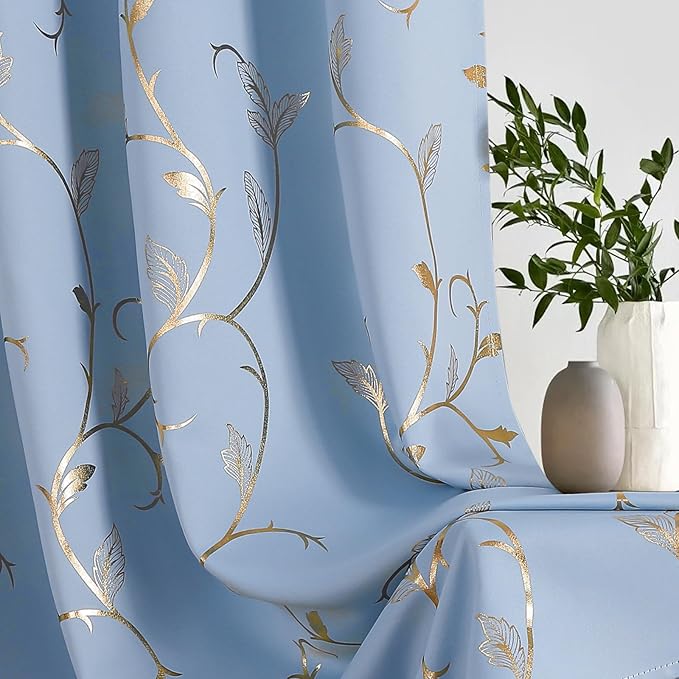 BUHUA Blackout Curtains Gold Foil Print Flower Vine Grommet Drapes, Room Darkening Thermal Insulated Curtains, Noise Reducing Blackout Curtain for Bedroom, Blue, 52Wx84L, 2 Panels - Image 6