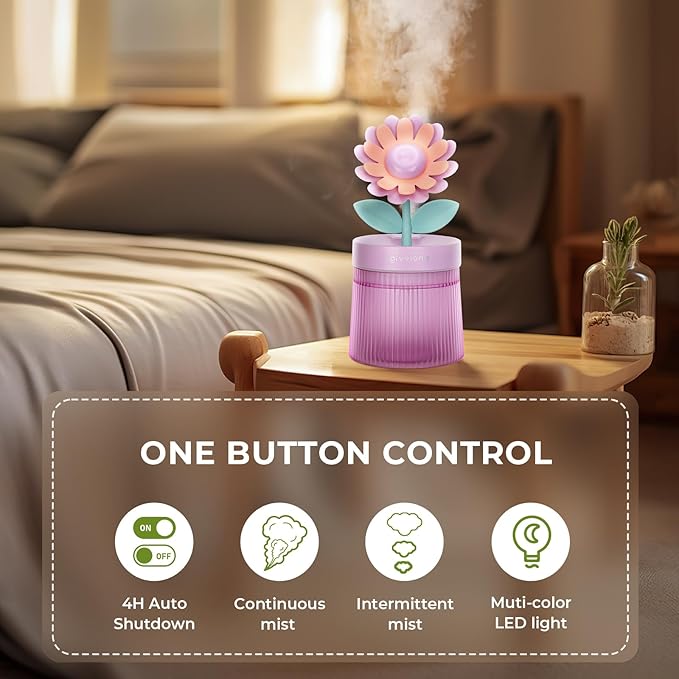 Cute Flower Mini Humidifier, 260ml Sunflower Desktop Humidifiers for Bedroom, Portable Small Cool Mist Humidification for Home, Baby Nursery, Office & Indoor Plants, USB Powered (Purple) - Image 6