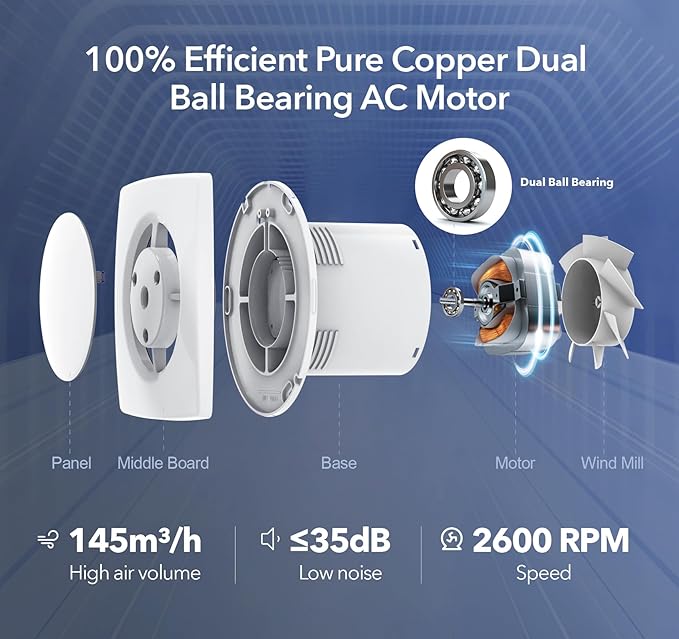 Bathroom Exhaust Fan with Switch, 2600RPM Upgraded Exhaust Fan 35dB Low Noise IPX4 Waterproof Household Ventilation Fans, Energy Saving Vent Fan for Attic Basement Garage Washroom V112A23 - Image 2