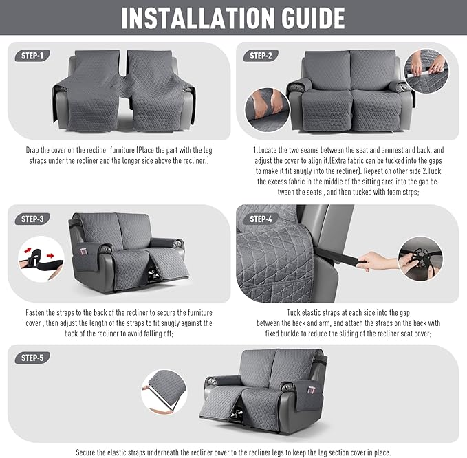 TAOCOCO 100% Waterproof Recliner Cover, Non-Slip Washable Reclining Couch Cover with Elastic Leg Straps, Furniture Protector for Dogs (Dark Gray, 2 Seater) - Image 7